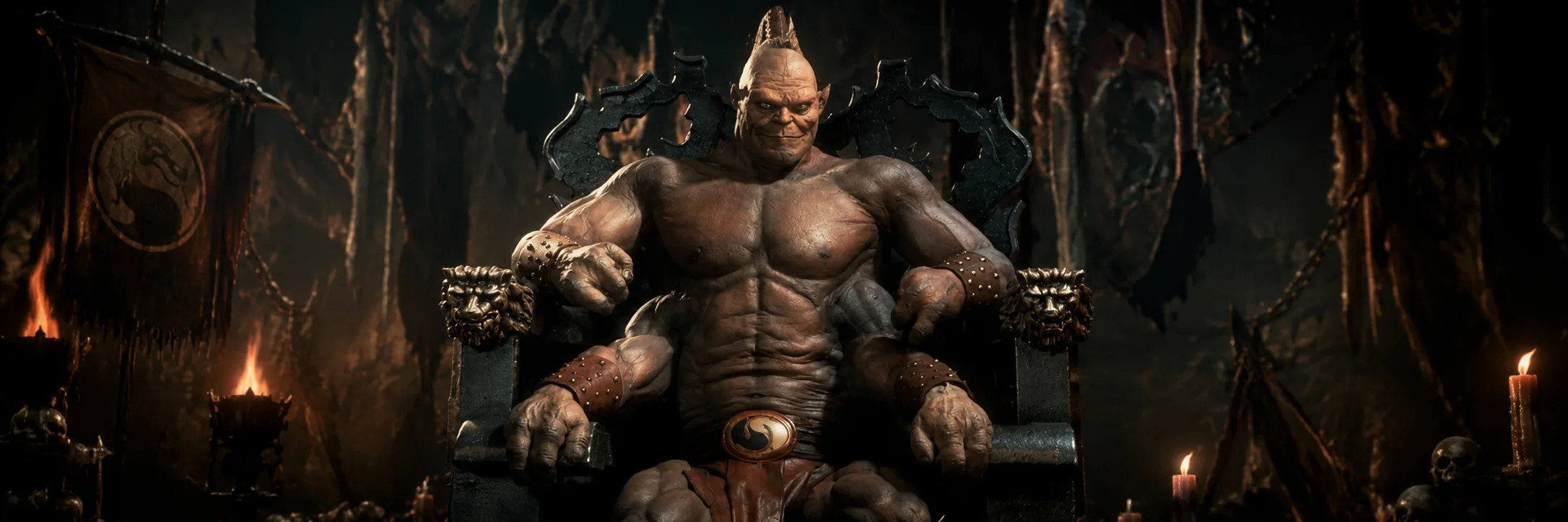 A four-armed warlord seated at the center of a dark command chamber